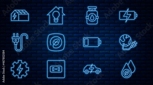 Set line Water energy, Global power planet, Propane gas tank, Location with leaf, Electric plug, Solar panel, Battery and Smart house and light bulb icon. Vector