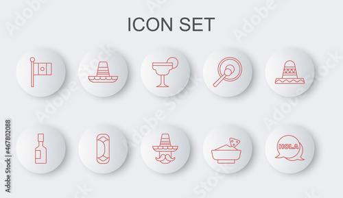 Set line Hola, Tabasco sauce, Margarita cocktail, Nachos in bowl, Mexico flag, Mexican sombrero, Burrito and man icon. Vector