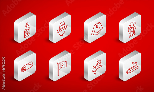 Set line Cigar, Mexican sombrero, Poncho, wrestler, Sliced lime, Tequila bottle, Mexico flag and Burrito icon. Vector