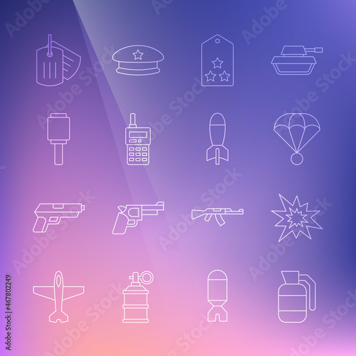 Set line Hand grenade, Bomb explosion, Parachute, Military rank, Walkie talkie, Anti-tank hand, dog tag and Rocket launcher icon. Vector