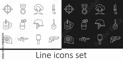 Set line Pistol or gun, Shovel, Nuclear explosion, Hand grenade, Military dog tag, Target sport, helmet and reward medal icon. Vector