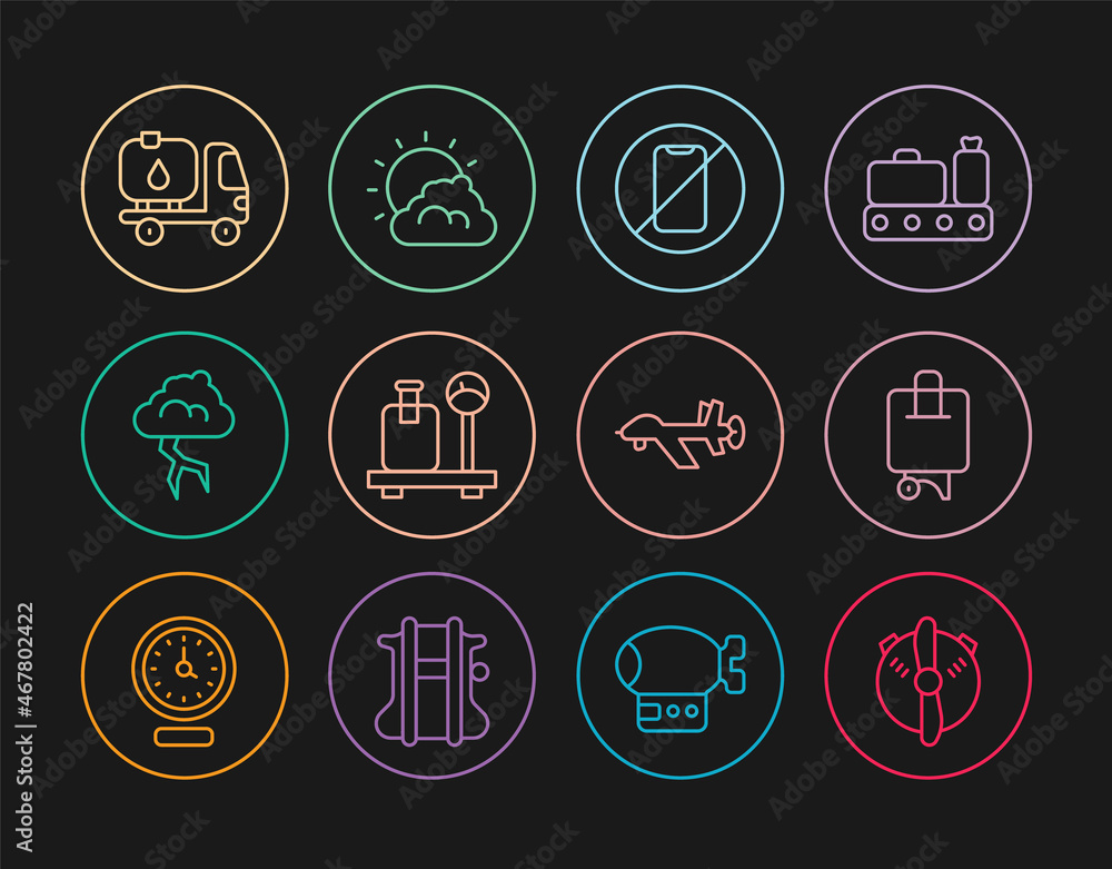 Set line Plane propeller, Suitcase, No cell phone, Scale with suitcase, Storm, Fuel tanker truck, UAV Drone and Sun and cloud weather icon. Vector Set line Plane propeller, Suitcase, No cell phone, Scale with suitcase, Storm, Fuel tanker truck, UAV Drone and Sun and cloud weather icon. Vector