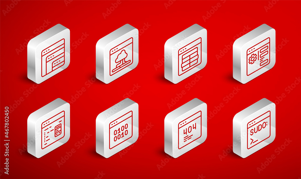 Set line Code terminal, Cloud technology data transfer, MySQL code, Browser setting, Page with 404 error, Software, Binary and icon. Vector Set line Code terminal, Cloud technology data transfer, MySQL code, Browser setting, Page with 404 error, Software, Binary and icon. Vector
