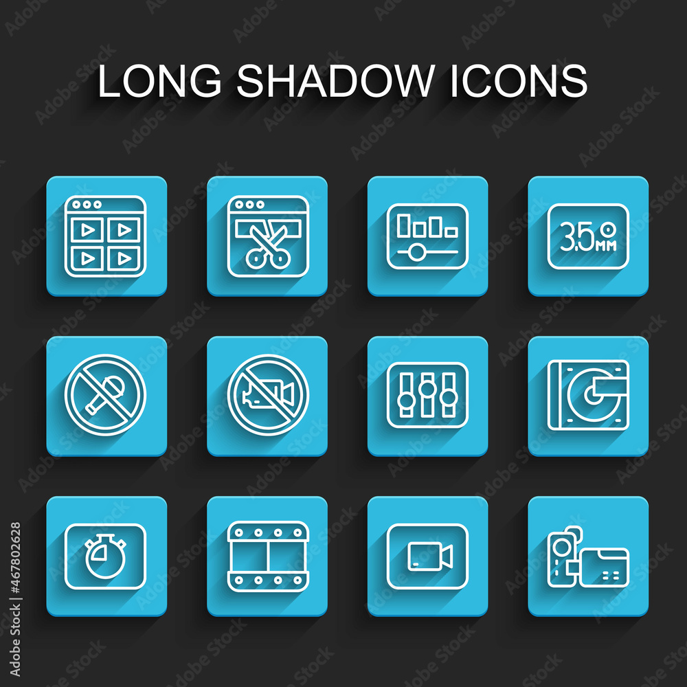 Set line Stopwatch, Play video, Music playlist, button, Cinema camera, Prohibition no recording, Vinyl player with vinyl disk and Sound mixer controller icon. Vector Set line Stopwatch, Play video, Music playlist, button, Cinema camera, Prohibition no recording, Vinyl player with vinyl disk and Sound mixer controller icon. Vector