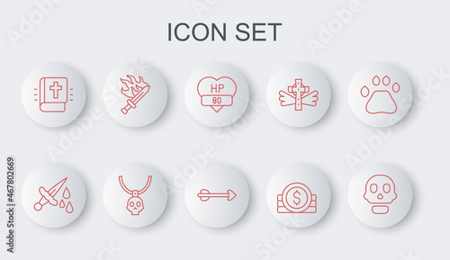 Set line Skull, Sword with blood, Video game bar, Ancient coin, Holy bible book, for, Necklace amulet and Arrow icon. Vector