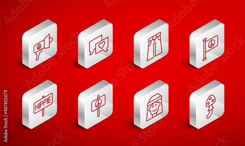 Set line Psilocybin mushroom, Speech bubble chat, Jeans wide, Flag peace, Hippie girl, Megaphone, Peace and icon. Vector