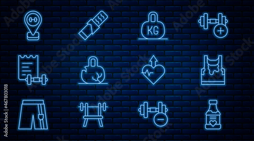 Set line Vitamins, Sweaty sleeveless t-shirt, Weight, Broken weight, Sport training program, Location gym, Heartbeat increase and Protein sport bar icon. Vector