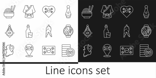Set line South Korean won coin, Ramen, Love with heart, Soju bottle, lantern, Asian noodles bowl, Ginseng root and Kimono icon. Vector