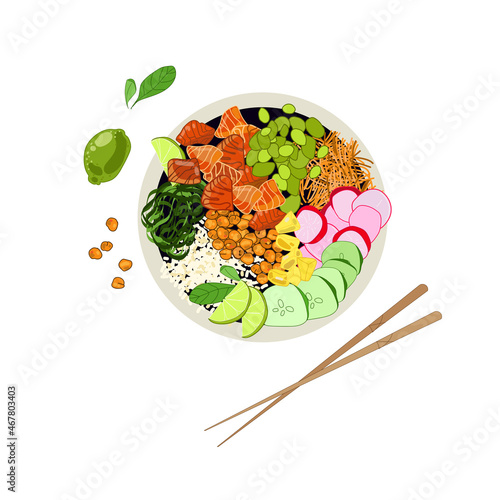 Salmon poke bowl with rice, wakame and cucumber, radishes, carrots, chickpeas and other vegetables and beans, top view. Vecton illustration Hawaiian poke bowl drawn in cartoon style. Modern food
