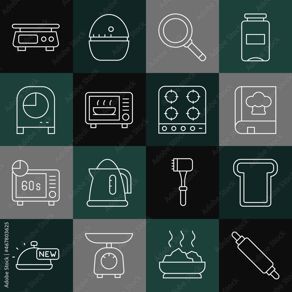 Set line Rolling pin, Bread toast, Cookbook, Frying pan, Microwave oven, Kitchen timer, Electronic scales and Gas stove icon. Vector Set line Rolling pin, Bread toast, Cookbook, Frying pan, Microwave oven, Kitchen timer, Electronic scales and Gas stove icon. Vector