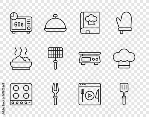 Set line Gas stove, Barbecue spatula, Cookbook, fork, Microwave oven, steel grid, Cooking live streaming and Chef hat icon. Vector