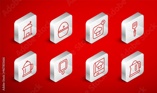 Set line Electric kettle, Kitchen timer, Chef hat, Barbecue spatula, Cookbook, Manual coffee grinder, Cutting board and French press icon. Vector