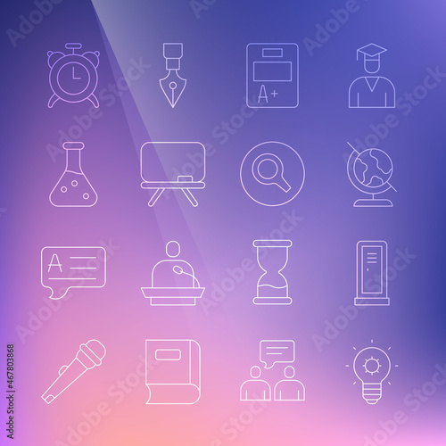 Set line Light bulb  Locker or changing room  Earth globe  Exam sheet with A plus grade  Chalkboard  Test tube  Alarm clock and Magnifying glass icon. Vector