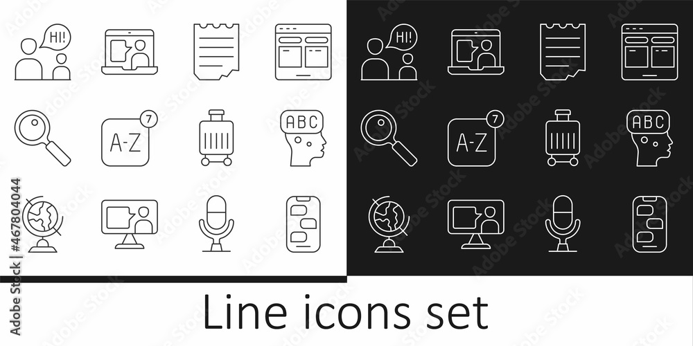 Set line New chat messages notification, Learning foreign languages, Notebook, Online translator, Magnifying glass, Two sitting men talking, Suitcase and Foreign online study icon. Vector