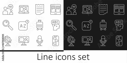 Set line New chat messages notification, Learning foreign languages, Notebook, Online translator, Magnifying glass, Two sitting men talking, Suitcase and Foreign online study icon. Vector