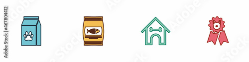 Set Bag of food for pet, cat, Dog house and bone and award symbol icon. Vector