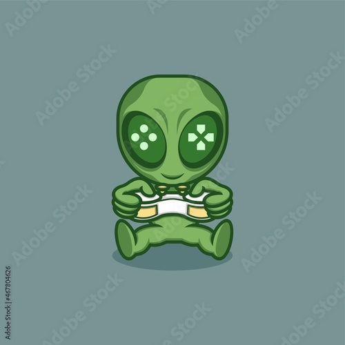 cute cartoon alien character playing game using joystick. vector illustration for mascot logo or sticker
