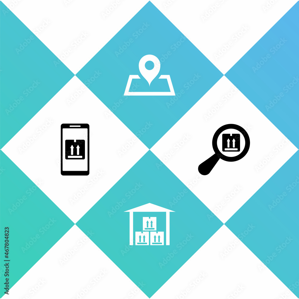 Set Mobile with app tracking, Warehouse, Placeholder on map and Search package icon. Vector Set Mobile with app tracking, Warehouse, Placeholder on map and Search package icon. Vector