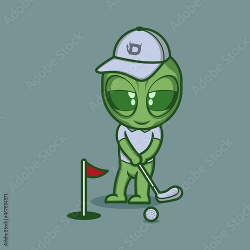 cute cartoon alien character playing golf. vector illustration for mascot logo or sticker
