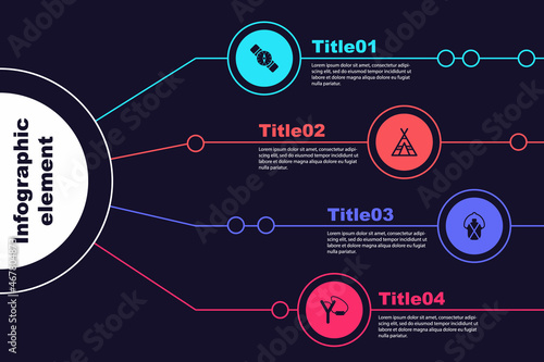 Set Compass, Tourist tent, Canteen water bottle and Slingshot. Business infographic template. Vector