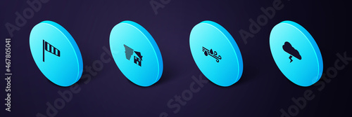 Set Isometric Storm, Wind and rain, Tornado swirl and Cone windsock wind vane icon. Vector