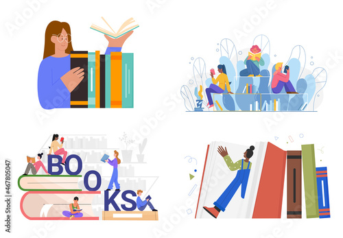 People read books vector illustration set. Cartoon students literature lovers study, young reader sitting, woman man reading book from bookstore or fair, education and literary hobby isolated on white