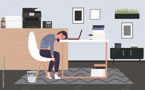 Work burnout of tired woman employee vector illustration. Cartoon exhausted sad person with fatigue sitting at desk with laptop in modern office interior. Procrastination, working overload concept