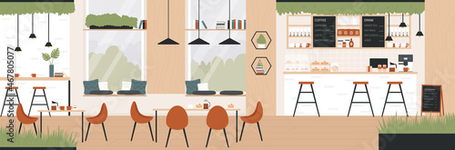 Cafe bar empty interior vector illustration. Cartoon cafeteria, coffee shop room design with table and chairs furniture, stools at counter, seat with cozy pillows by window, shelf on wall background