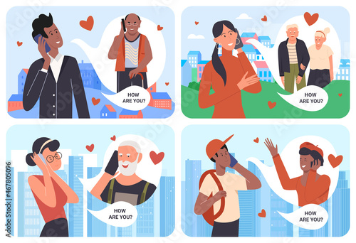 People call set, family communication vector illustration. Cartoon happy young woman man or teenager characters using mobile phone to talk with parents or grandparents, virtual meeting background