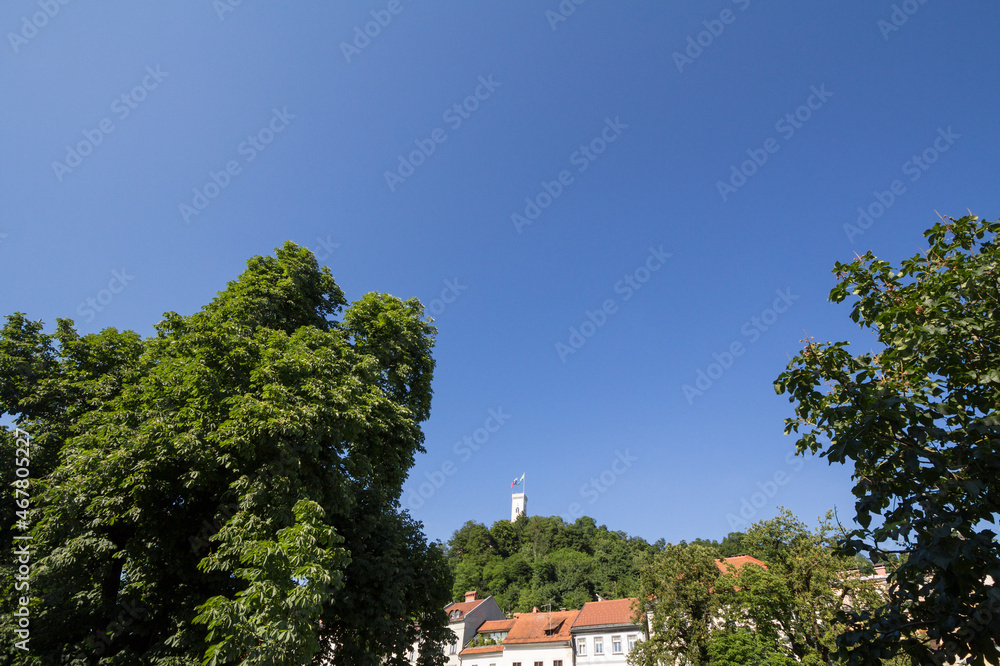 Outlook tower, also called viewing tower or Razgledni stolp, taken from downhill in Ljubljana castle from the city center of the city. The fortress is one of the symbols of Ljubljana