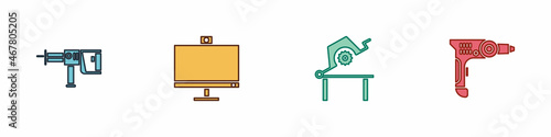 Set Rotary hammer drill machine, Computer monitor, Table saw for woodwork and Electric icon. Vector