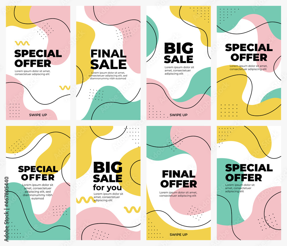 Big final sale, special offer tag for social media stories vector illustration. Trendy promotion minimalist design with geometric shapes, curvy line, dots. Banner template story, flyer, coupon, poster