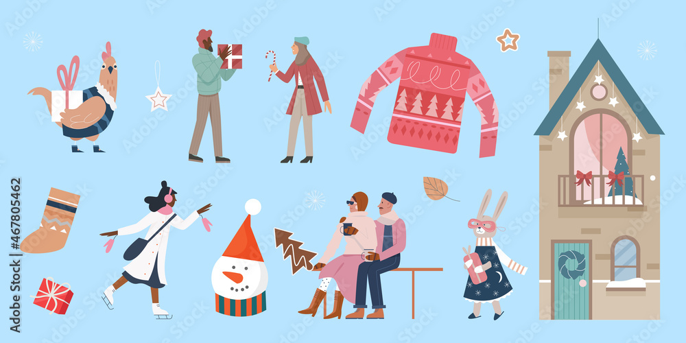 Merry Christmas or New Year party people and festive animals set vector illustration. Cartoon characters with xmas gifts, house with Christmas tree, happy winter holidays isolated on blue background