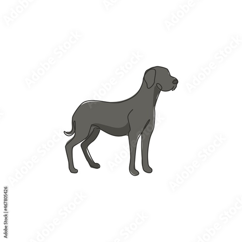 One continuous line drawing of dashing great dane dog for security company logo identity. Purebred dog mascot concept for pedigree friendly pet icon. Modern single line draw design vector illustration