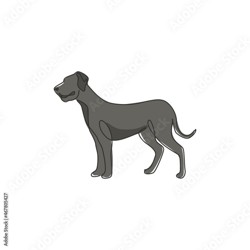 Single one line drawing of gallant great dane dog for security company logo identity. Purebred dog mascot concept for pedigree friendly pet icon. Modern continuous line draw design vector illustration