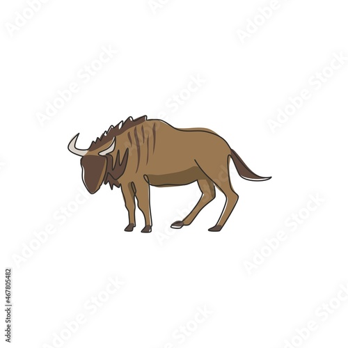 Single one line drawing of dashing wildebeest for foundation logo identity. Strong gnu mascot concept for national zoo icon. Modern continuous line draw design graphic vector illustration