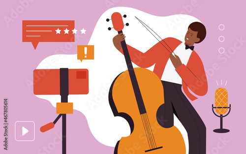 Musician blogger with contrabass recording music vector illustration. Cartoon artist creating musical video content, streaming, using camera from mobile phone. Live jazz acoustic show online concept