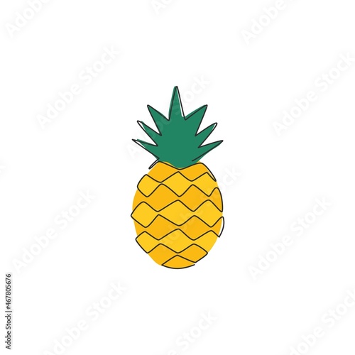 Single continuous line drawing whole healthy organic pineapple for orchard logo identity. Fresh summer fruitage concept for fruit garden icon. Modern one line graphic draw design vector illustration