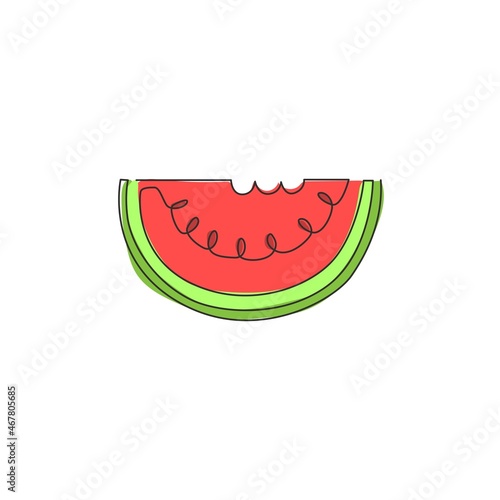 One continuous line drawing of sliced healthy organic watermelon for orchard logo identity. Fresh fruitage concept for fruit garden icon. Modern single line draw design vector graphic illustration