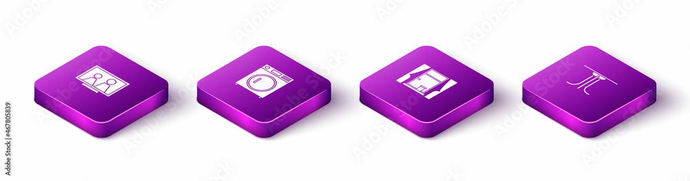 Set Isometric Picture frame on table, Washer, Window with curtains and Round icon. Vector Set Isometric Picture frame on table, Washer, Window with curtains and Round icon. Vector