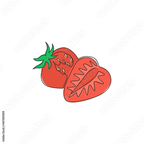 Single one line drawing sliced healthy organic strawberry for orchard logo identity. Fresh berry fruitage concept for fruit garden icon. Modern continuous line draw graphic design vector illustration