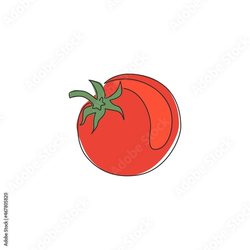 Single one line drawing whole healthy organic tomato for farming logo identity. Fresh tropical vegetable concept for vegie garden icon. Modern continuous line draw design graphic vector illustration