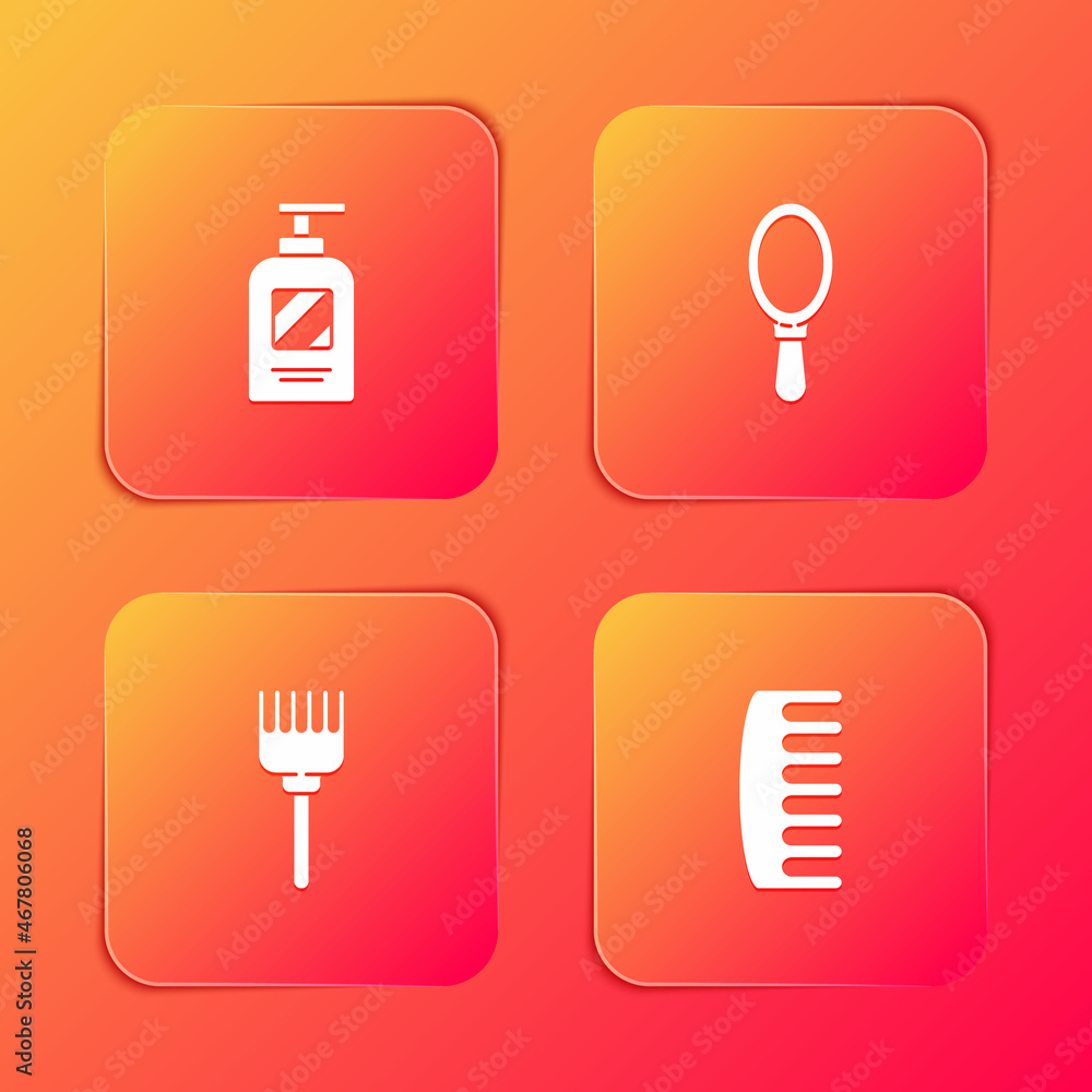 Set Bottle of shampoo, Hand mirror, Hairbrush and icon. Vector Set Bottle of shampoo, Hand mirror, Hairbrush and icon. Vector