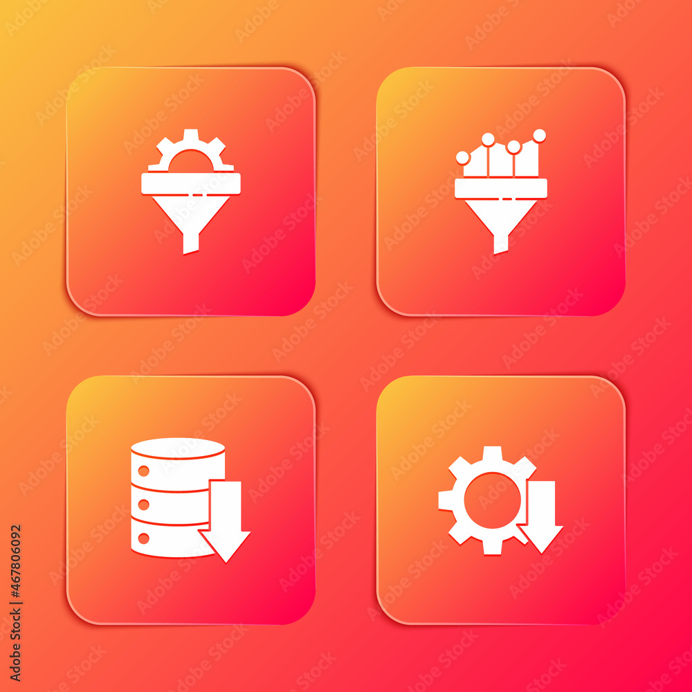 Set Sales funnel with gear, chart, Server, Data, Web Hosting and Cost reduction icon. Vector