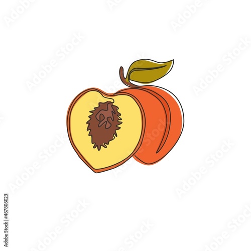 One single line drawing whole and sliced healthy organic peach for orchard logo identity. Fresh fruitage concept for fruit garden icon. Modern continuous line draw design vector graphic illustration