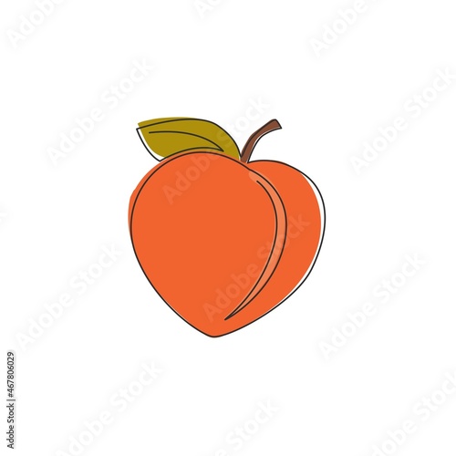 Single continuous line drawing of whole healthy organic peach for orchard logo identity. Fresh fruitage concept for fruit garden icon. Modern one line draw graphic design vector illustration