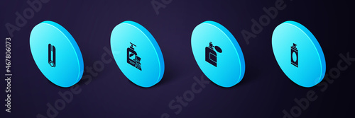 Set Isometric Shaving gel foam, Aftershave bottle with atomizer, and brush and Curling iron for hair icon. Vector