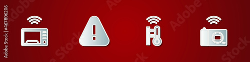 Set Smart microwave oven, Exclamation mark in triangle, thermometer and photo camera icon. Vector