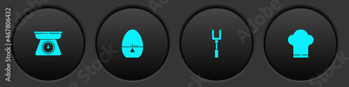 Set Scales, Kitchen timer, Barbecue fork and Chef hat icon. Vector