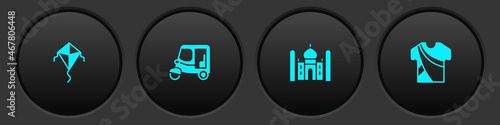 Set Kite, Taxi tuk tuk, Taj Mahal and Indian man dress icon. Vector